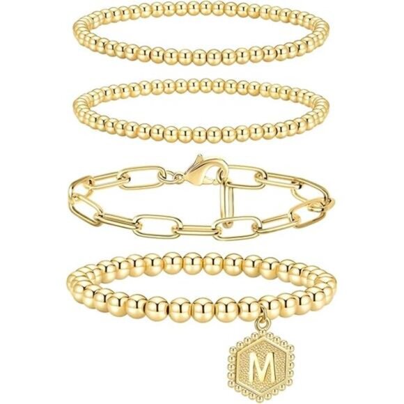 Womens Gold Bracelet Set Stackable Initial Beaded Stretch Jewelry Gift - Picture 6 of 6